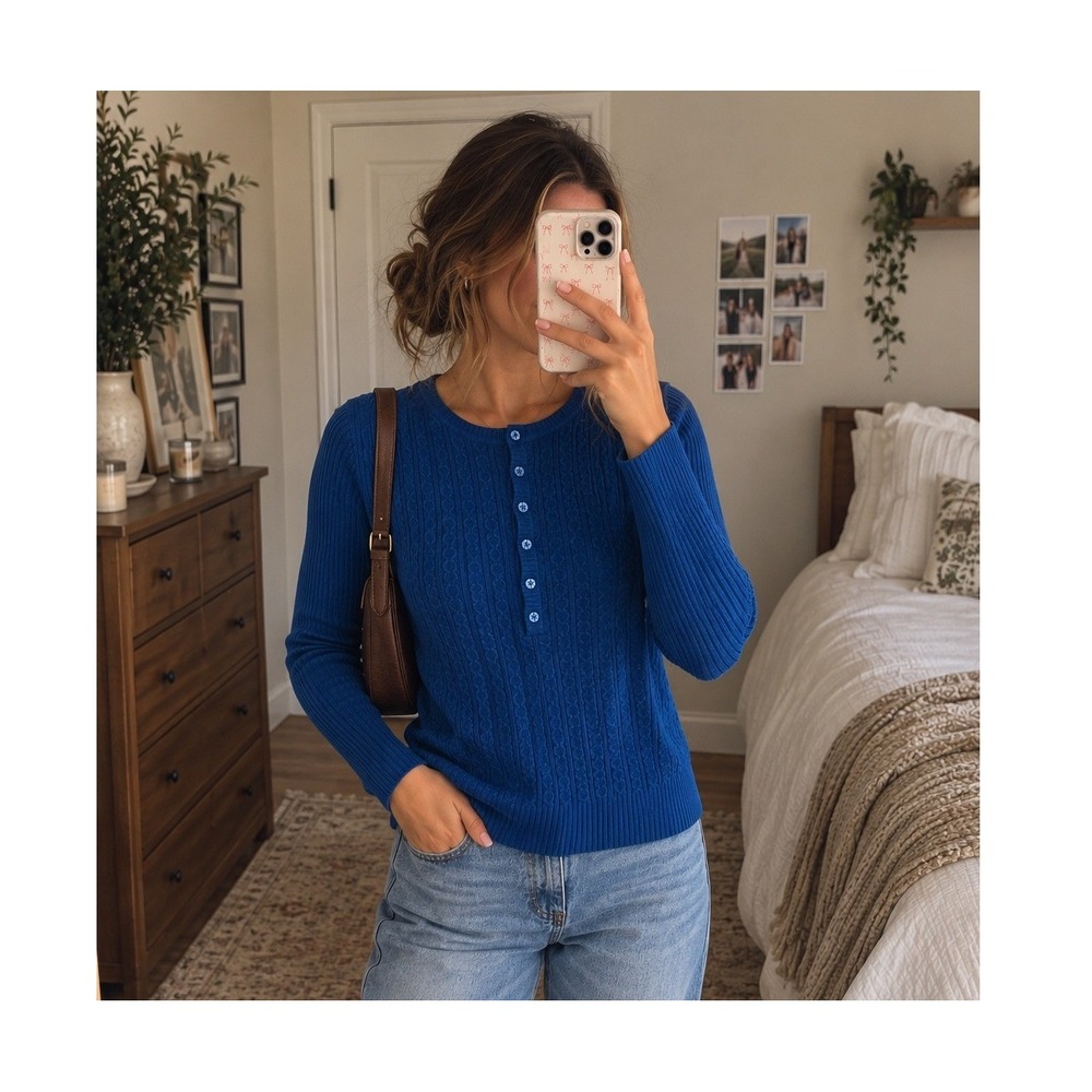 Laura Scott Petite Royal Blue Cable Knit Henley Sweater Size MP Long Sleeve